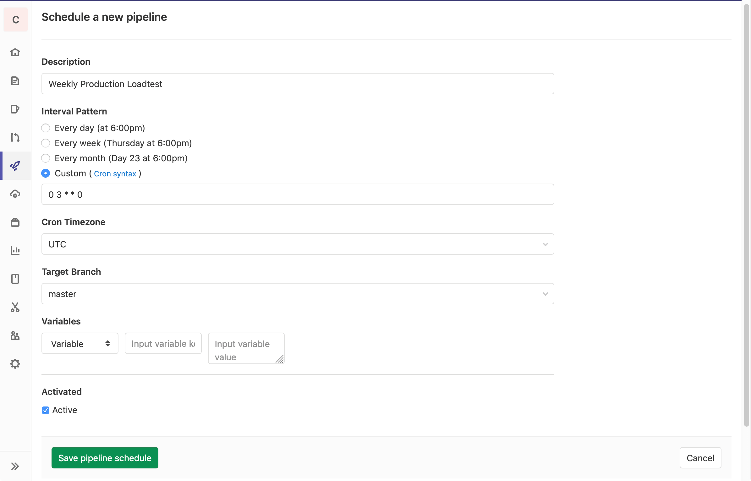 Screenshot showing the create pipeline schedule form