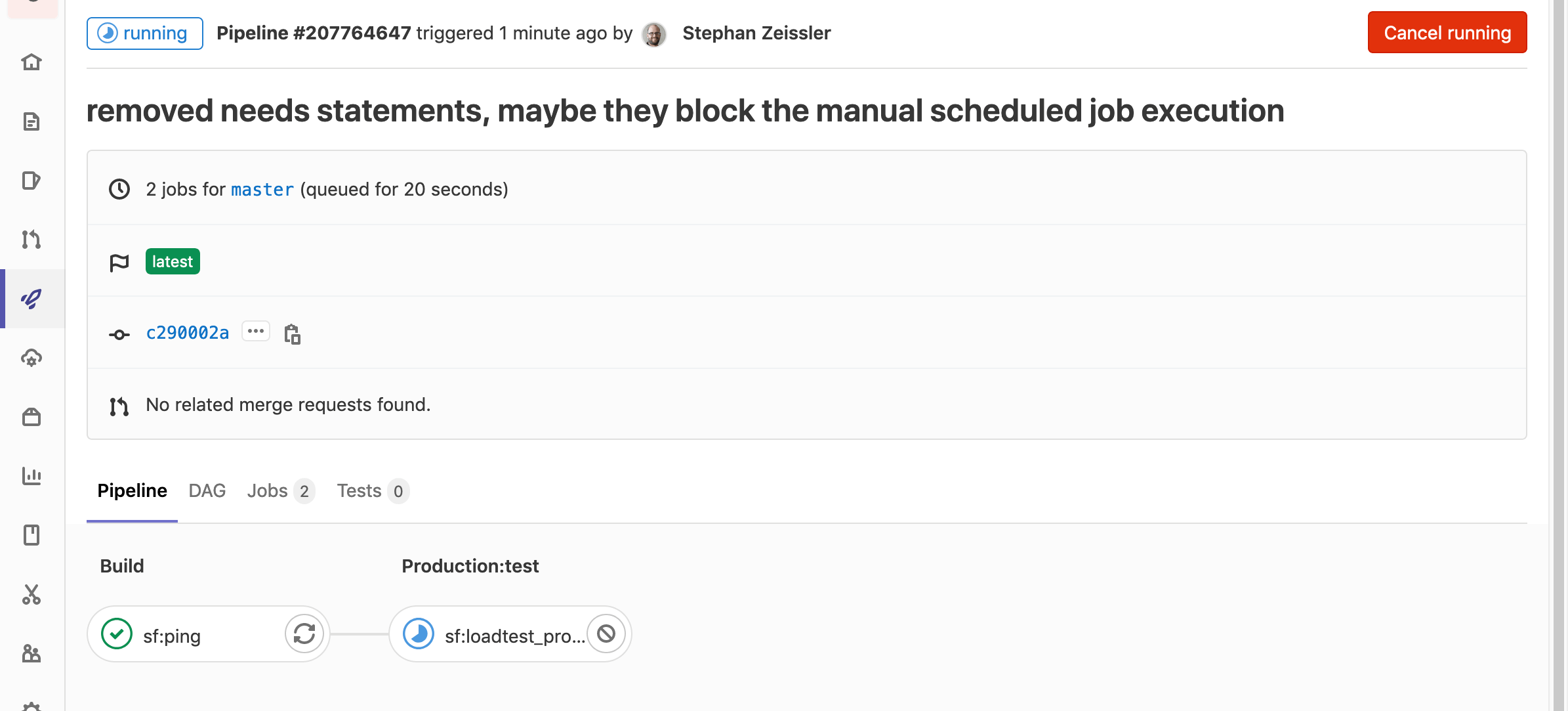 Screenshot showing a scheduled pipeline running the load test