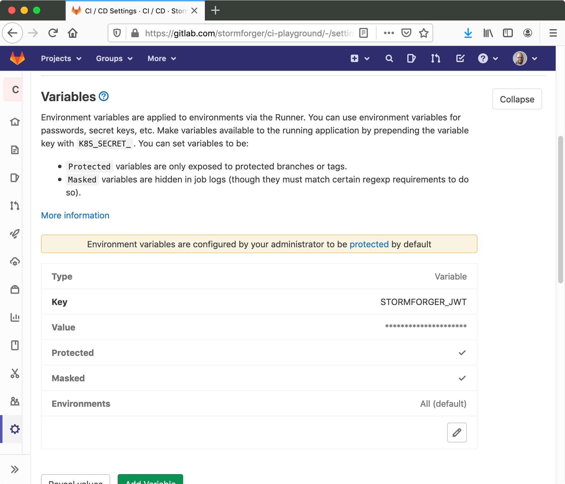 GitLab CI/CD Variable Settings Screenshot